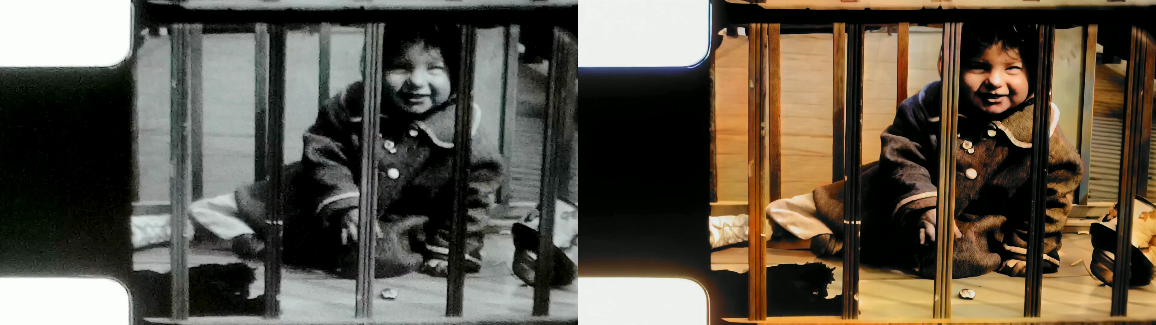 Left: original black-and-white stock footage. Right: VidFixr restoration plus colorization output.