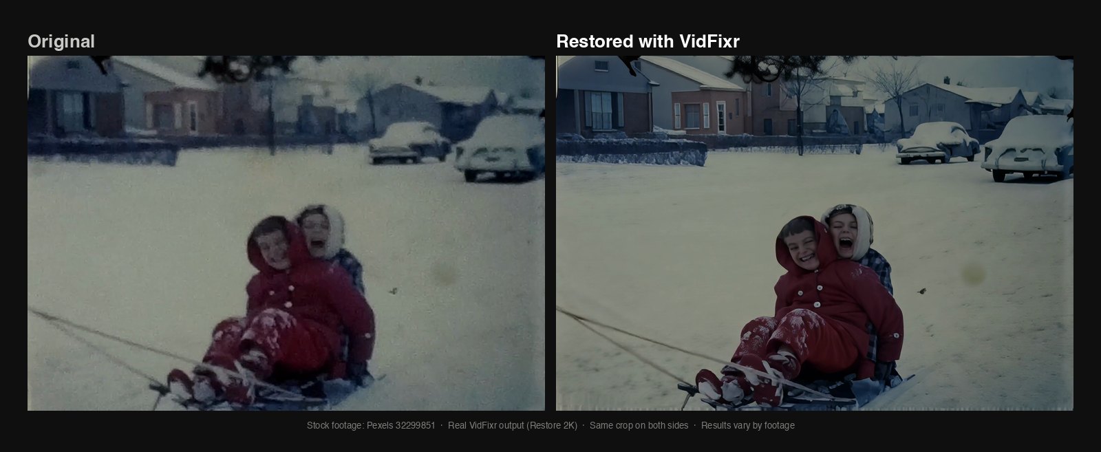 Two kids laughing on a sled in the snow in an old home movie: the original on the left and the VidFixr restore on the right