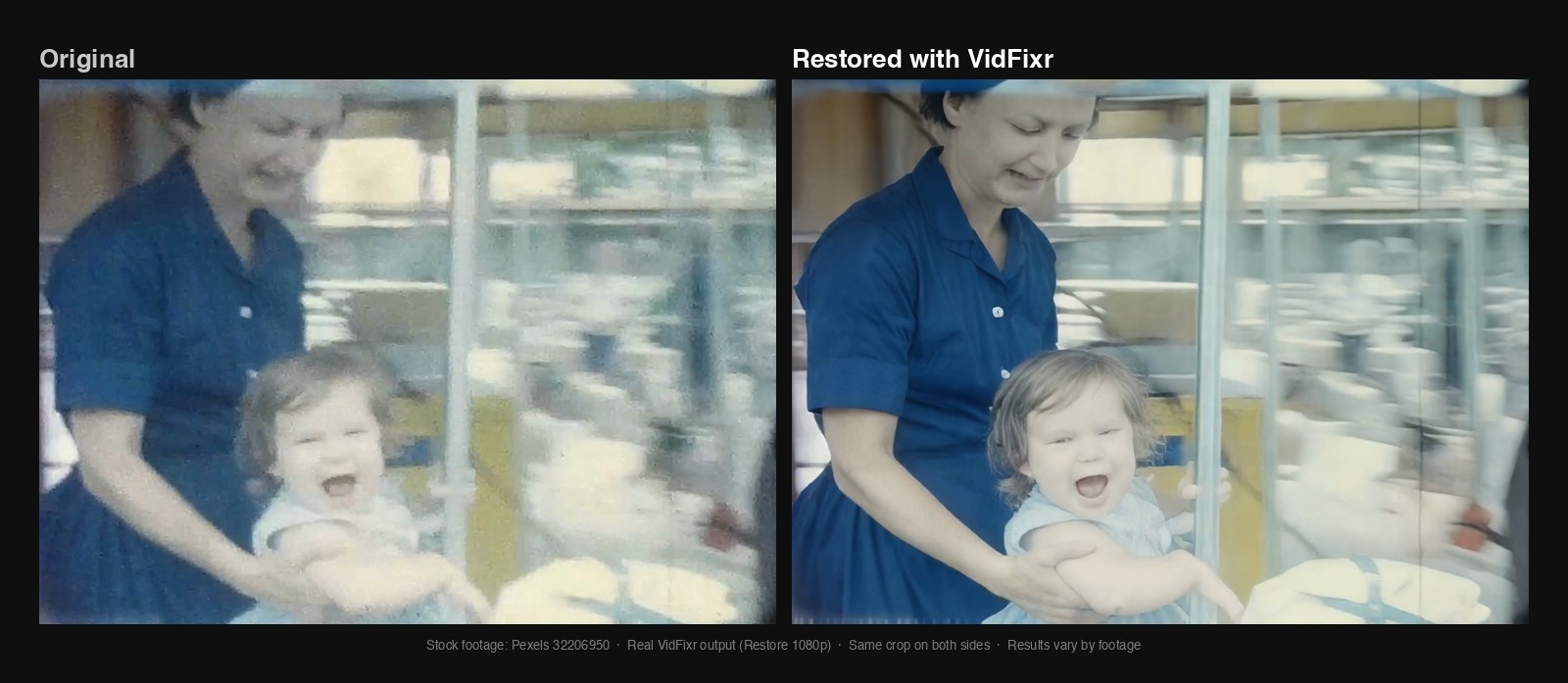 A mother holding a child on a carousel, with the original on the left and the VidFixr result on the right; the mother's mouth changes shape slightly