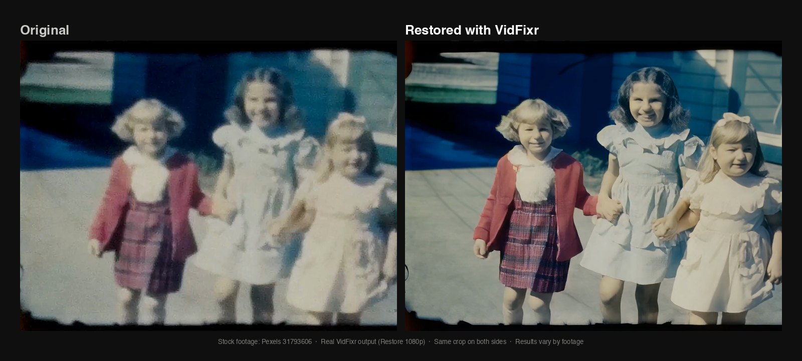Three young girls holding hands in an old home movie: the soft, faded original on the left and the sharper VidFixr restore on the right